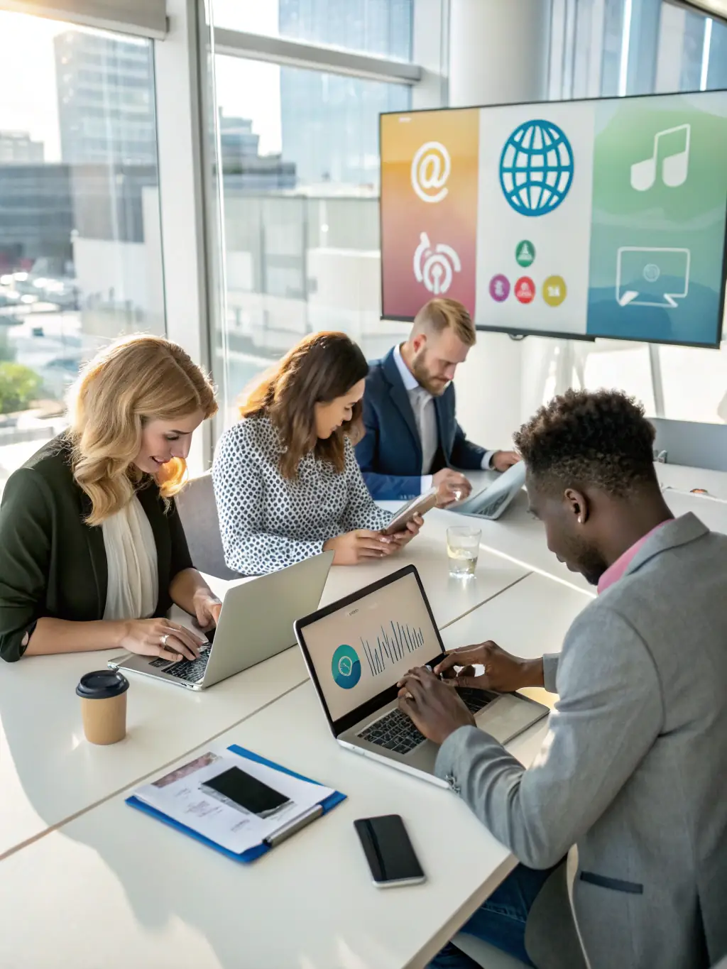 A professional photo showcasing a team brainstorming social media strategies in a modern office setting, reflecting Lq Business's collaborative approach to social media management.