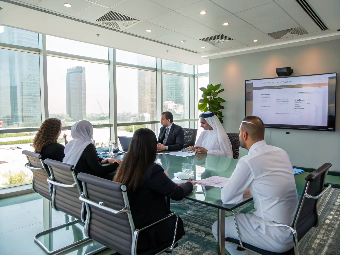 A diverse team of digital marketing experts collaborating around a table, brainstorming innovative strategies for a client's social media campaign in Dubai.