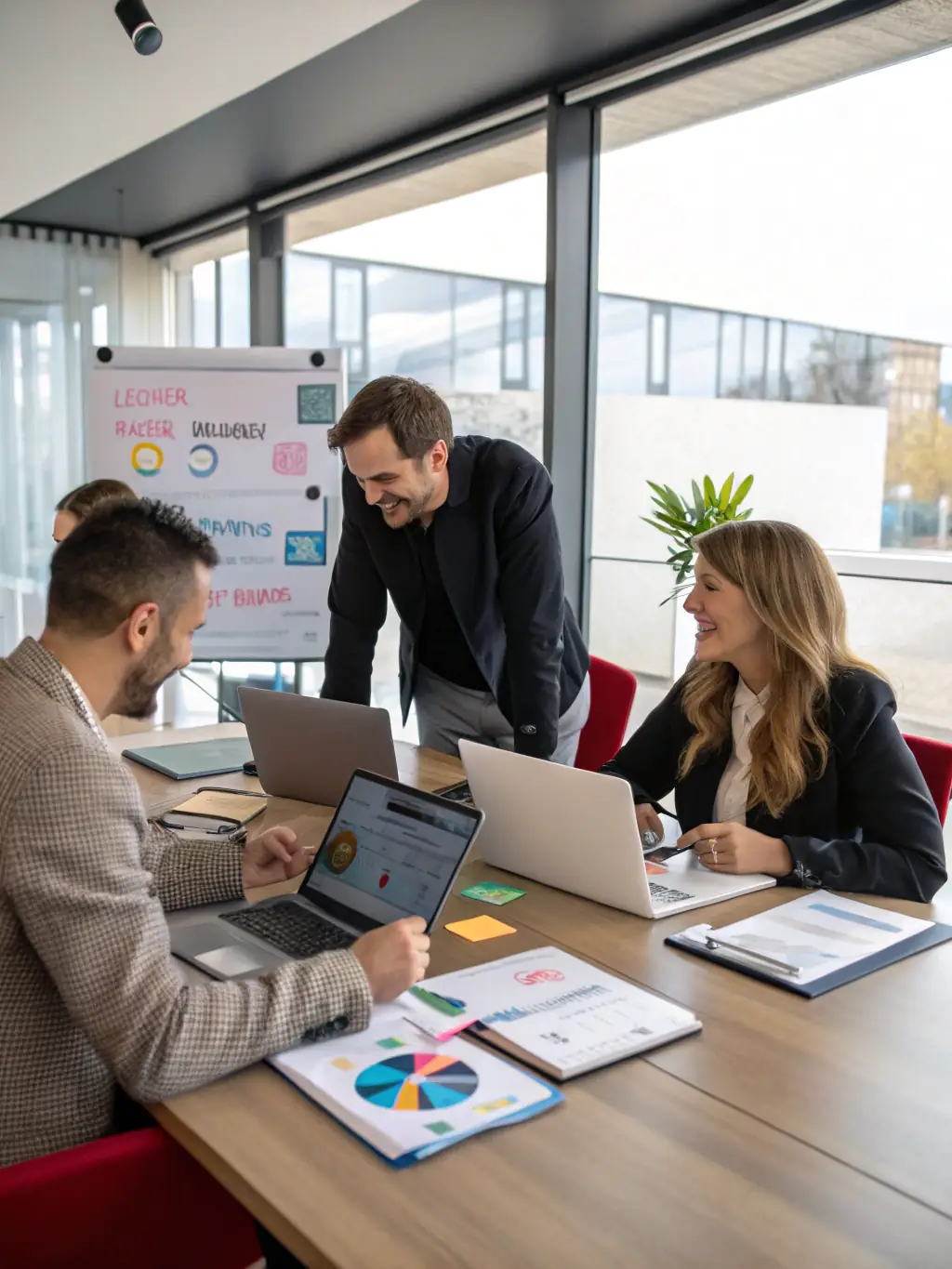 A diverse group of professionals collaborating on a content calendar, representing Lq Business's commitment to comprehensive and strategic content planning.
